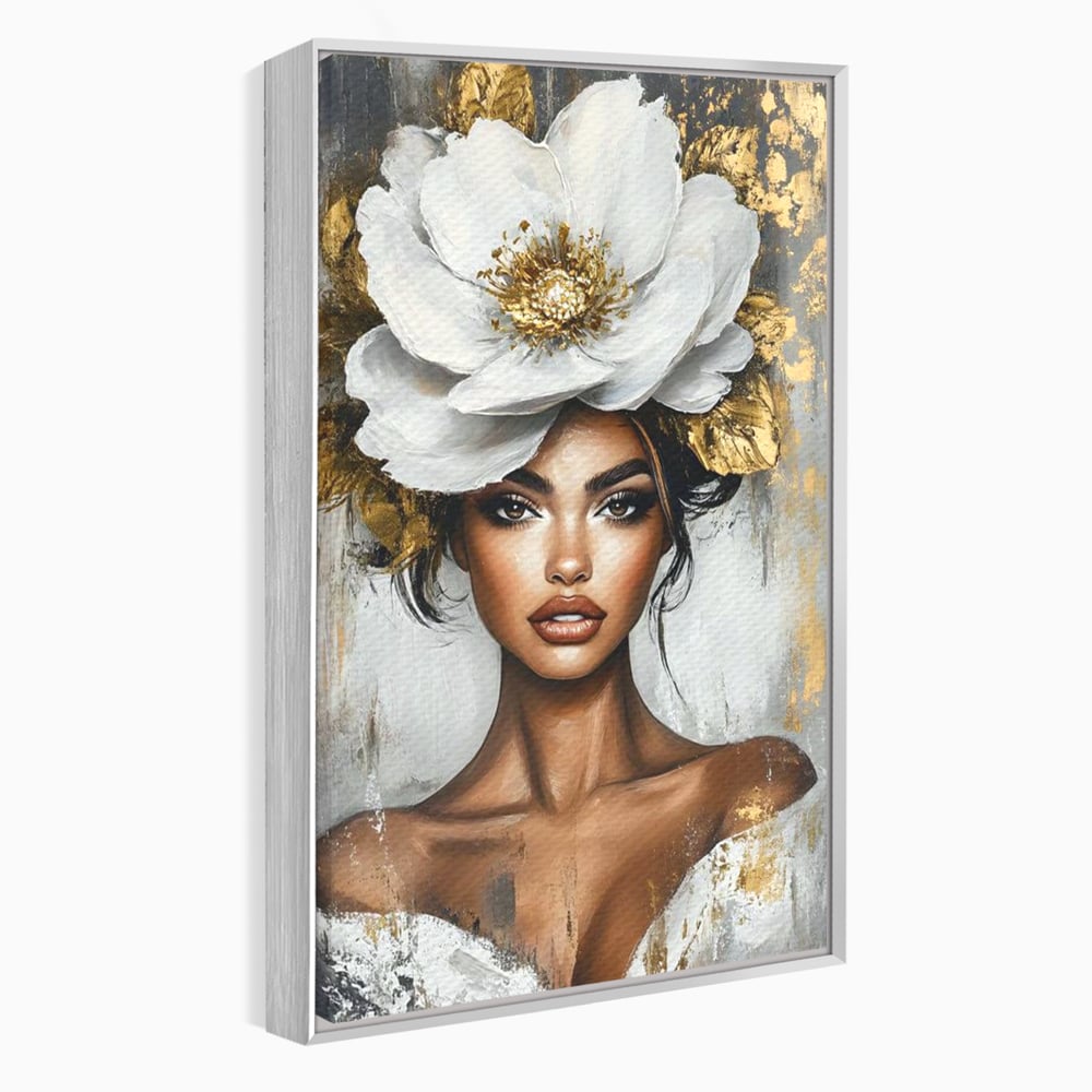 Tablou canvas cu tablou canvas cu portret de femeie si floare, in rama de aluminiu argintiu